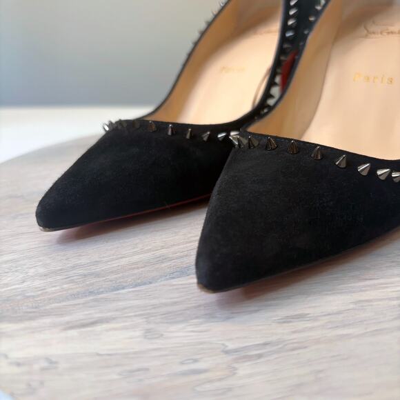 Christian Louboutin Follies Spikes 100 Pumps Black Suede Red Sole Heels Size 8.5 - Picture 7 of 15
